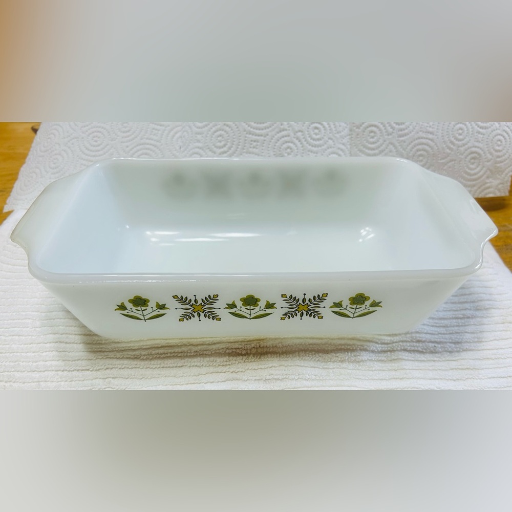 Vintage Fire King Anchor Hocking milk glass loaf pan. Meadow green pattern.
